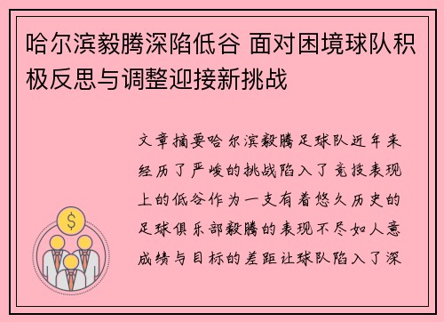 哈尔滨毅腾深陷低谷 面对困境球队积极反思与调整迎接新挑战