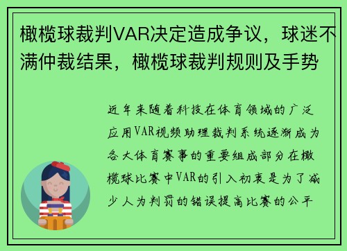 橄榄球裁判VAR决定造成争议，球迷不满仲裁结果，橄榄球裁判规则及手势
