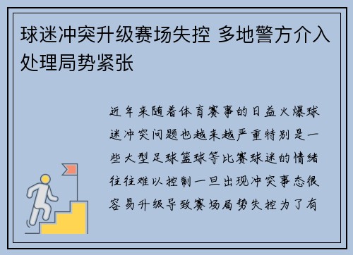 球迷冲突升级赛场失控 多地警方介入处理局势紧张