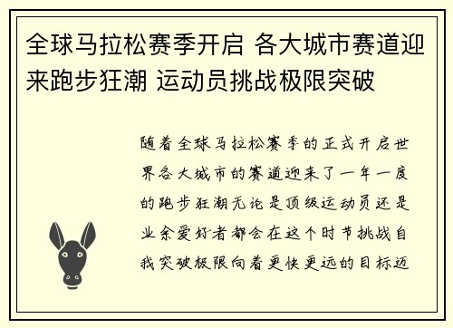 全球马拉松赛季开启 各大城市赛道迎来跑步狂潮 运动员挑战极限突破