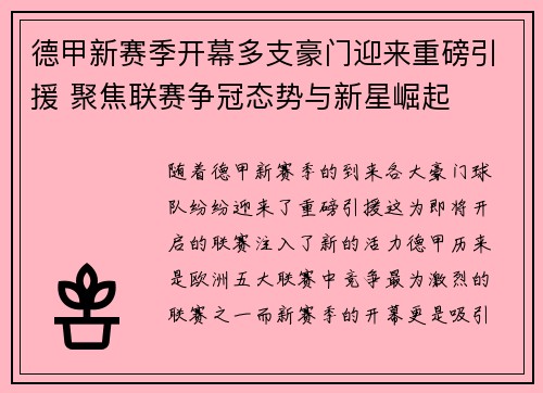 德甲新赛季开幕多支豪门迎来重磅引援 聚焦联赛争冠态势与新星崛起