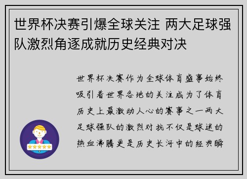 世界杯决赛引爆全球关注 两大足球强队激烈角逐成就历史经典对决