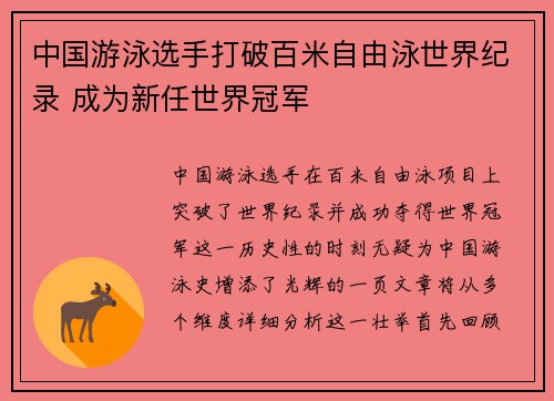 中国游泳选手打破百米自由泳世界纪录 成为新任世界冠军