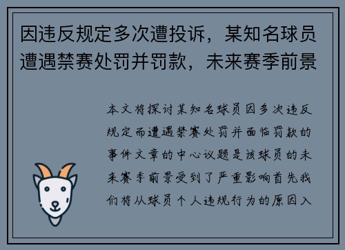 因违反规定多次遭投诉，某知名球员遭遇禁赛处罚并罚款，未来赛季前景不明