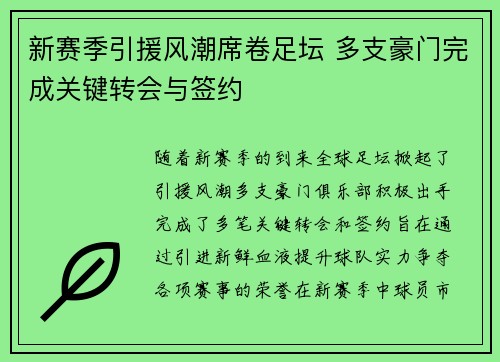 新赛季引援风潮席卷足坛 多支豪门完成关键转会与签约