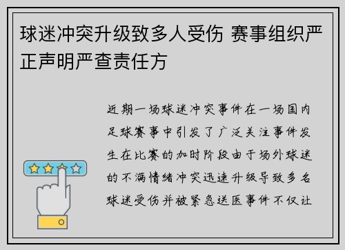 球迷冲突升级致多人受伤 赛事组织严正声明严查责任方